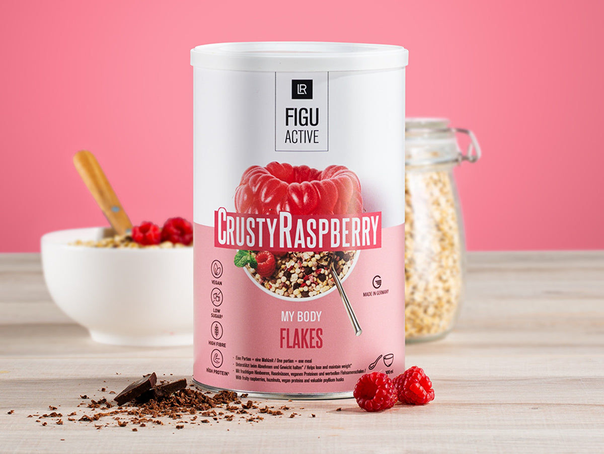 LR Figuactiv Crusty Raspberry Flakes – vegane Mahlzeitenersatz‑Flakes mit Himbeer‑Geschmack